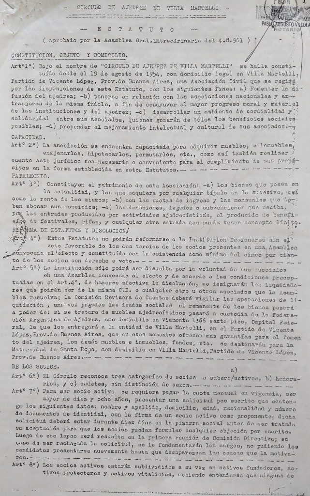 Estatuto histórico del Círculo de Ajedrez de Villa Martelli